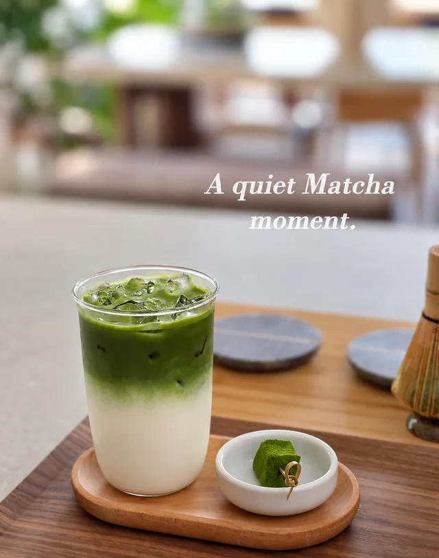 Iced matcha latte (冰抹茶拿铁) with a bamboo whisk and matcha warabi mochi