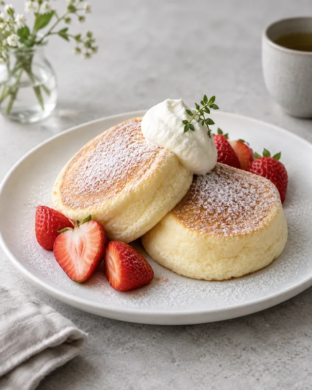 Soufflé pancakes (舒芙蕾松饼) with strawberries, illustrative presentation